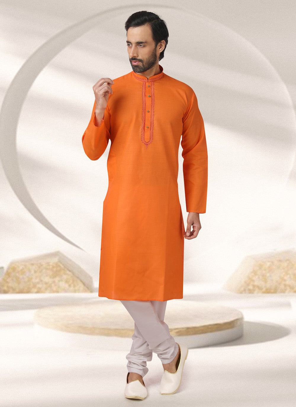 Embroidered Cotton , Rayon Orange Kurta Pyjama - M7003