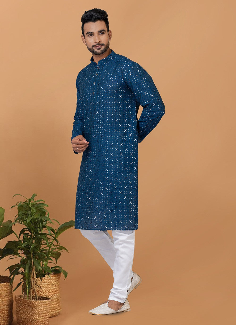 Embroidered Cotton , Viscose Teal Kurta Pyjama - M6247