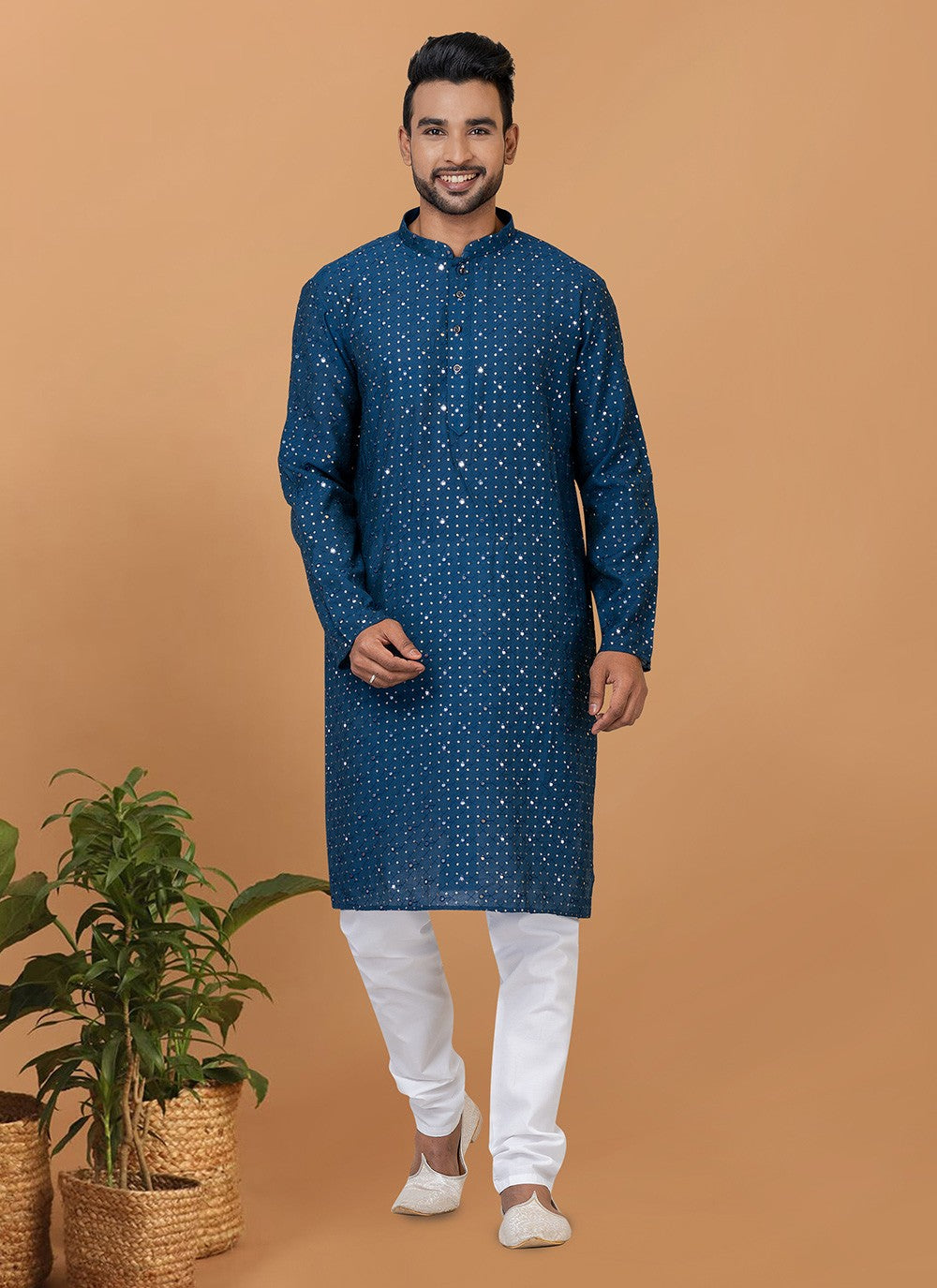 Embroidered Cotton , Viscose Teal Kurta Pyjama - M6247