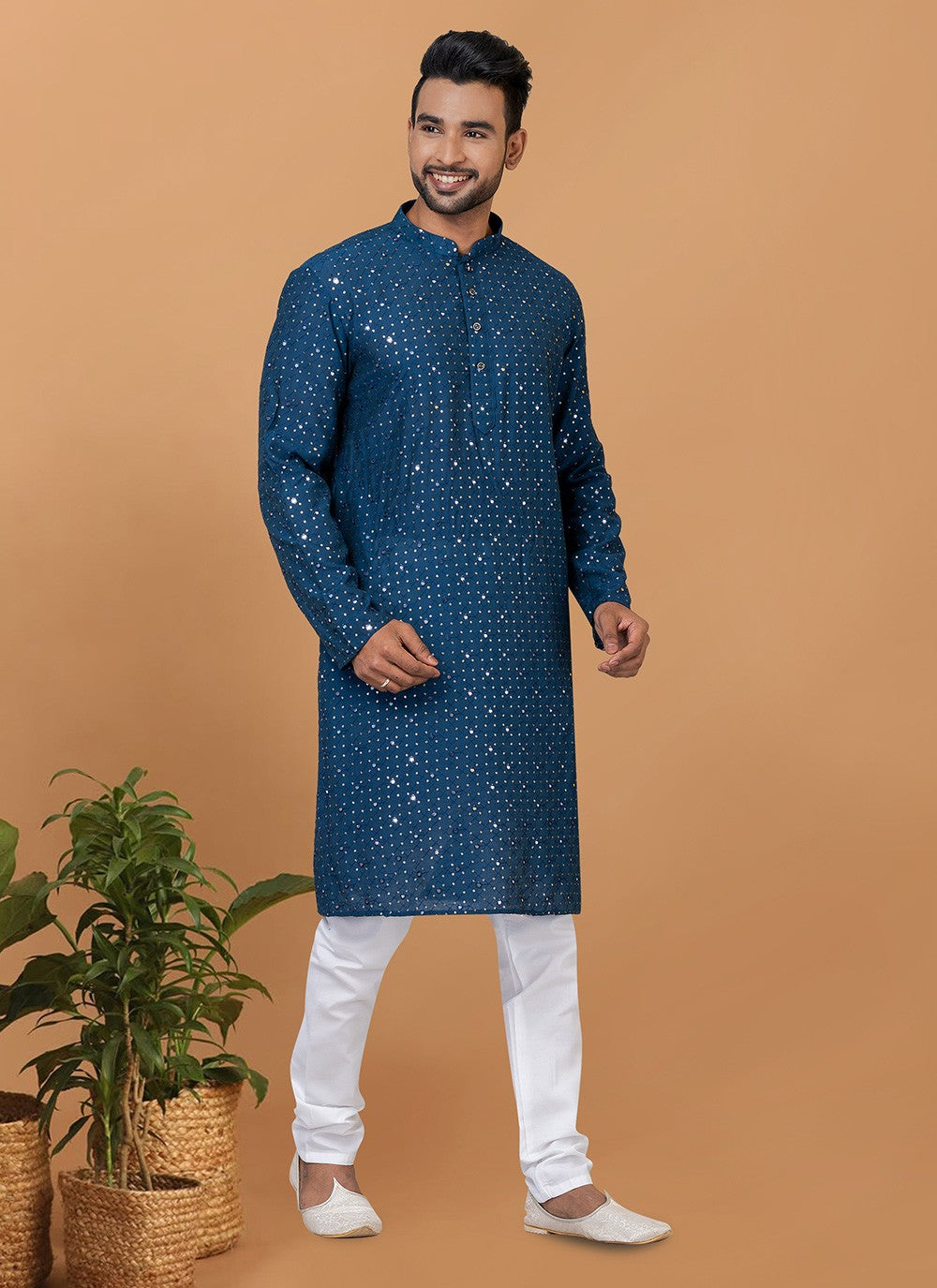 Embroidered Cotton , Viscose Teal Kurta Pyjama - M6247