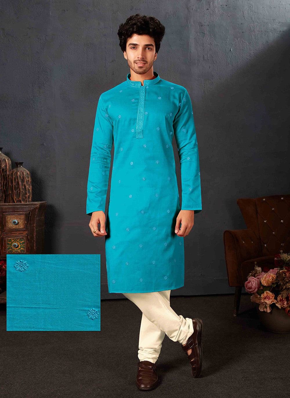 Embroidered Cotton Turquoise Kurta Pyjama - M6850