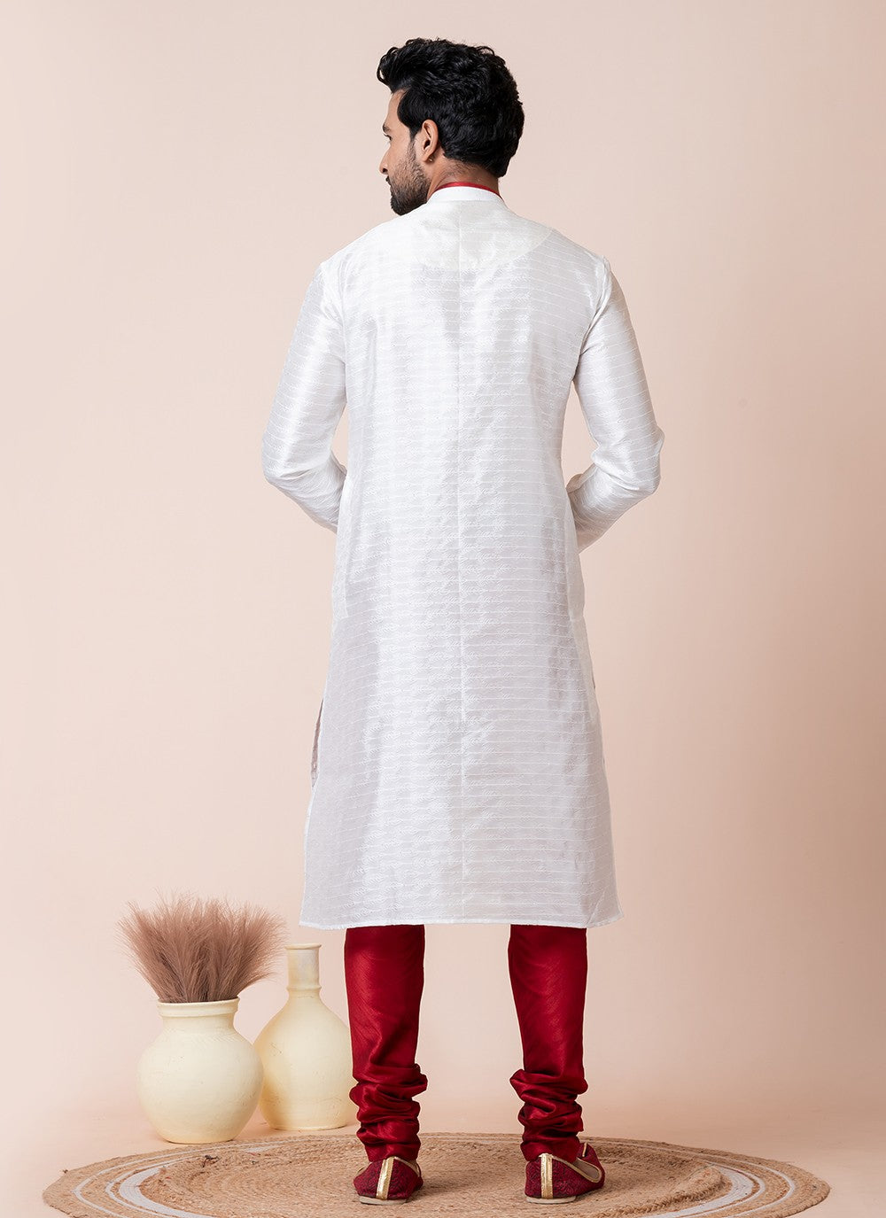 Fancy Work Cotton White Kurta Pyjama - M8585