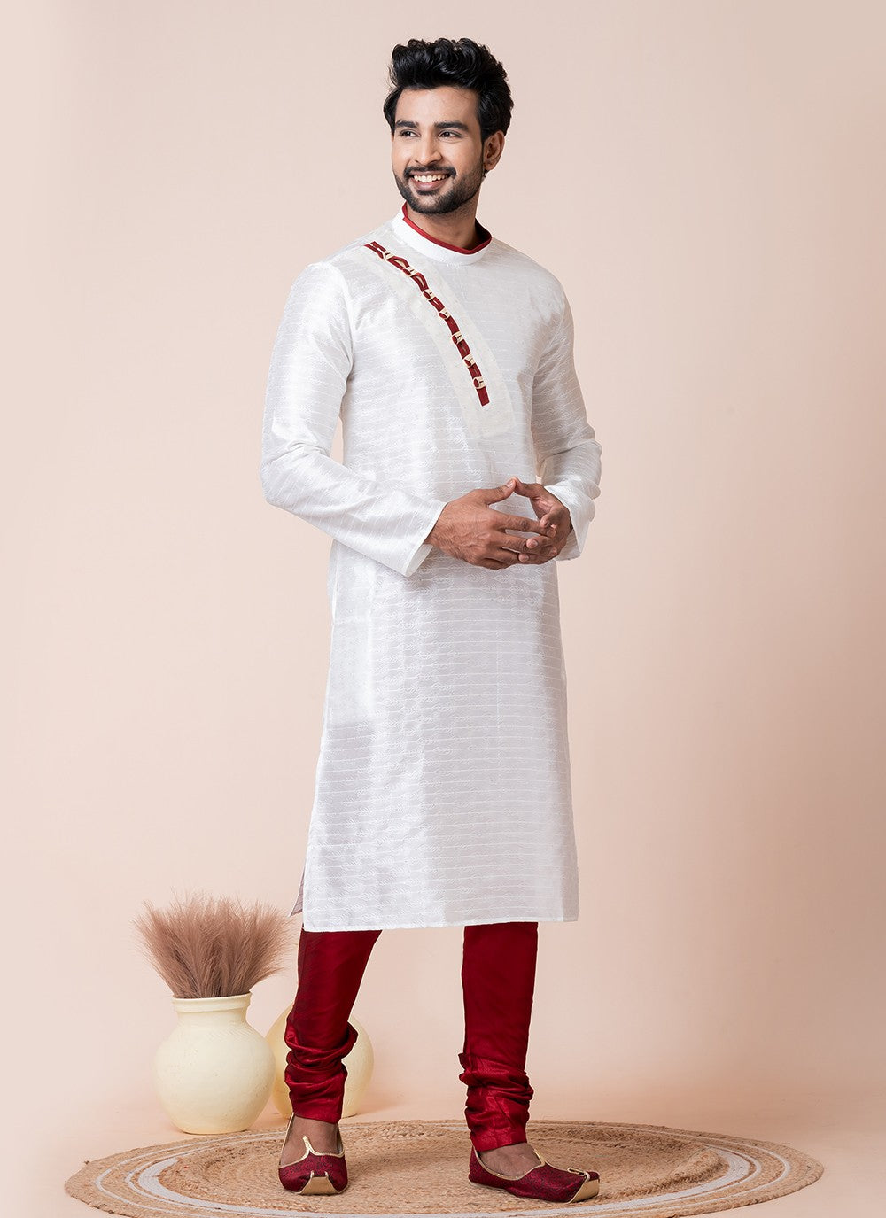 Fancy Work Cotton White Kurta Pyjama - M8585