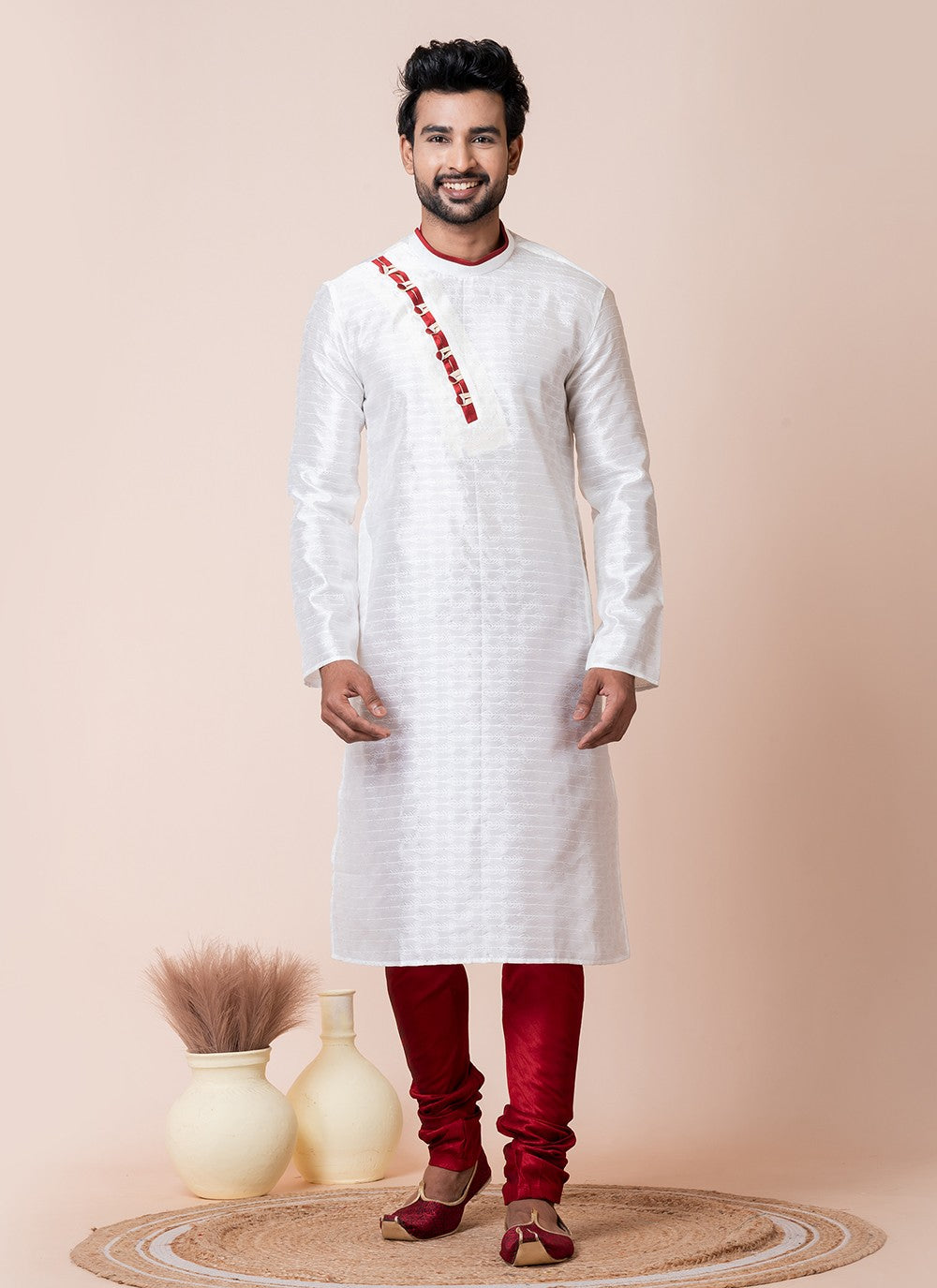 Fancy Work Cotton White Kurta Pyjama - M8585