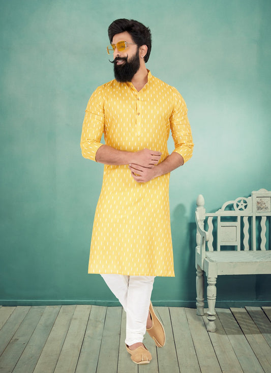 Digital Print Cotton Yellow Kurta Pyjama - M5063