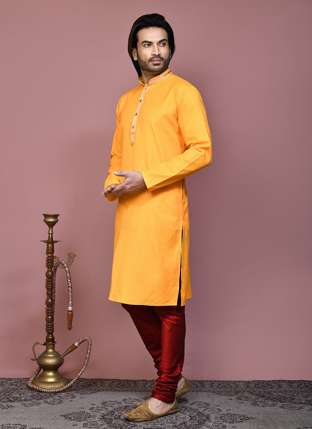 Embroidered Cotton Yellow Kurta Pyjama - M7895