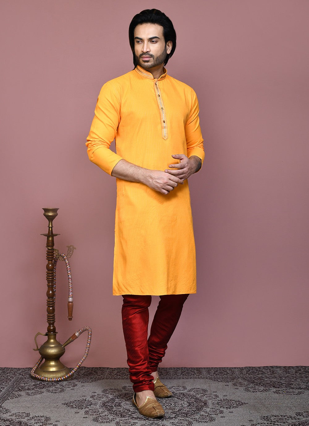 Embroidered Cotton Yellow Kurta Pyjama - M7895