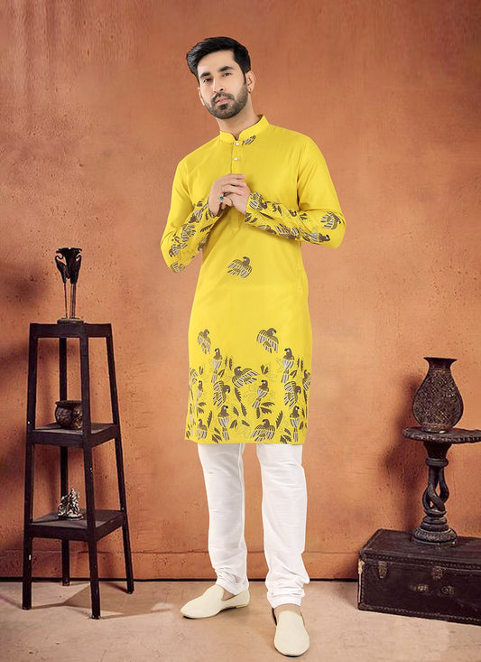 Printed Cotton Yellow Kurta Pyjama - M8105