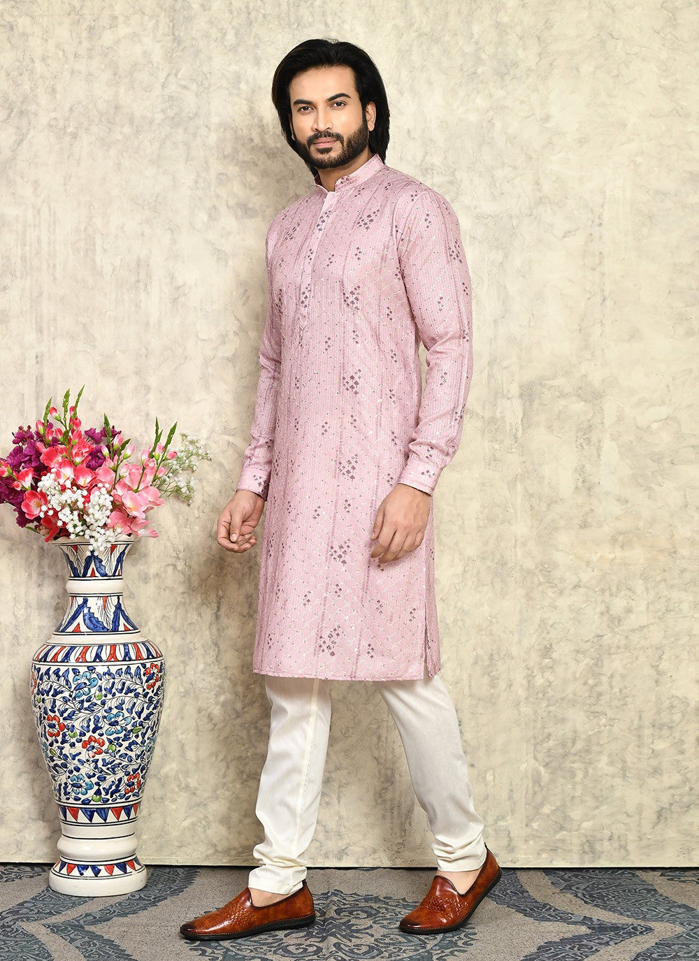 Plain Cotton Lycra Pink Kurta Pyjama - M7932