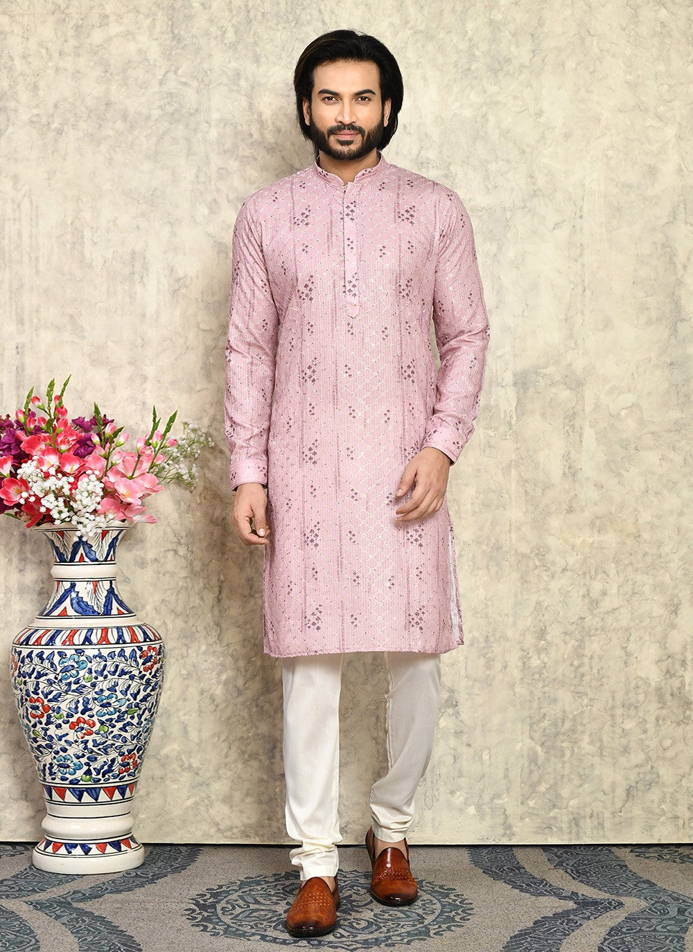 Plain Cotton Lycra Pink Kurta Pyjama - M7932