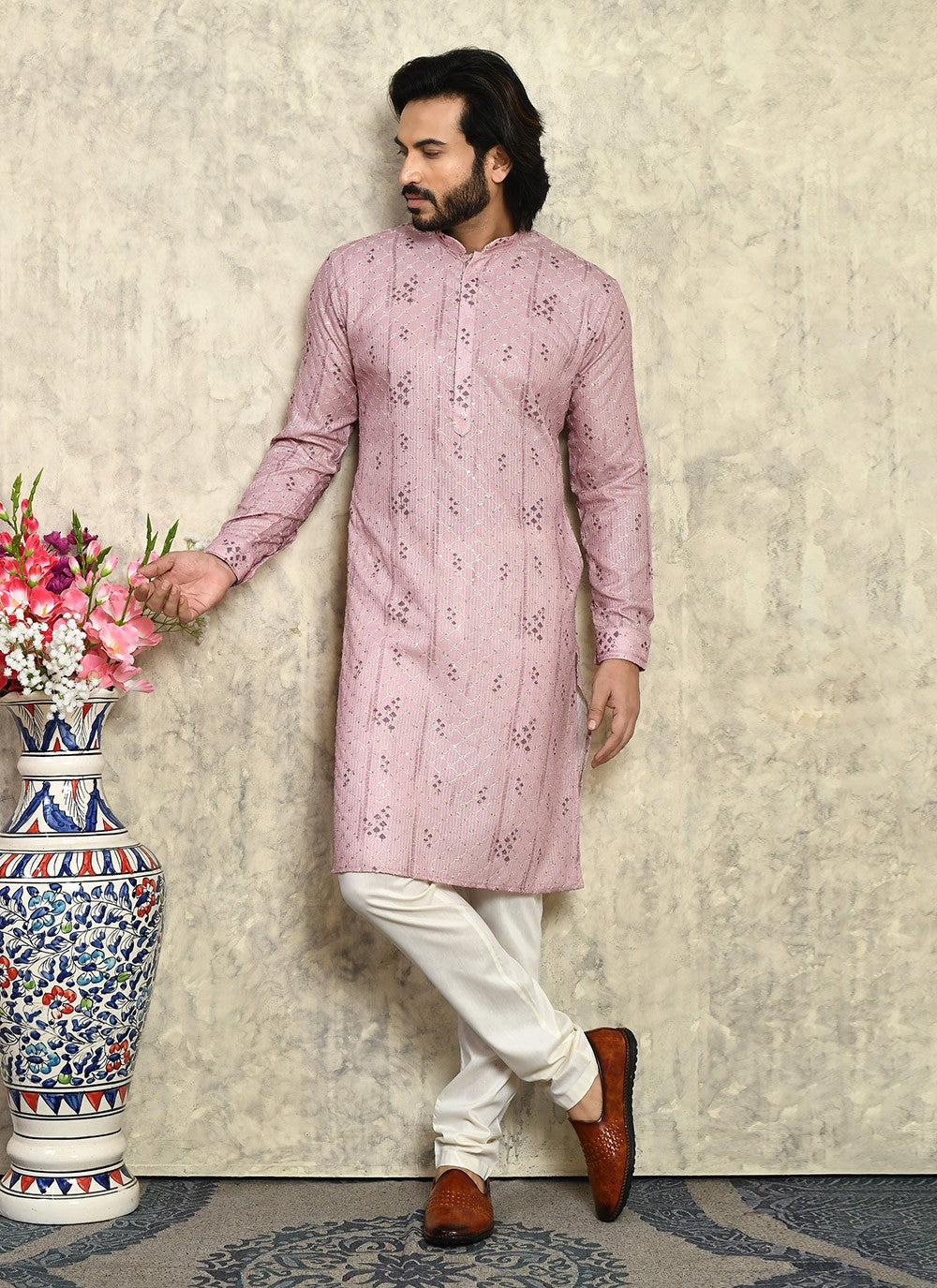 Plain Cotton Lycra Pink Kurta Pyjama - M7932