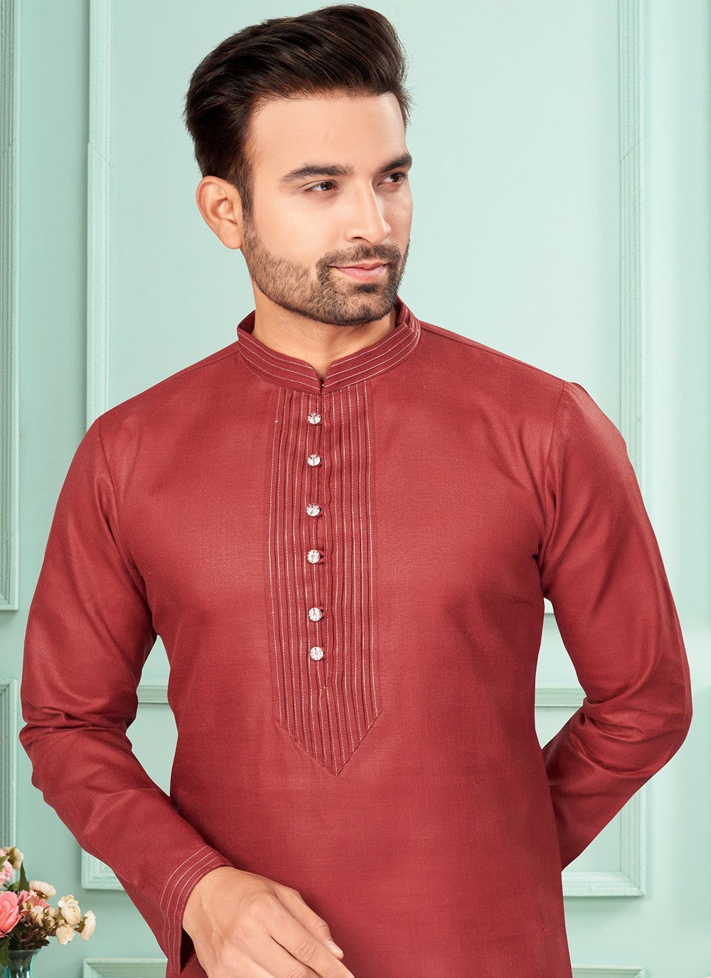 Fancy Work Cotton Maroon Kurta Pyjama - M7251