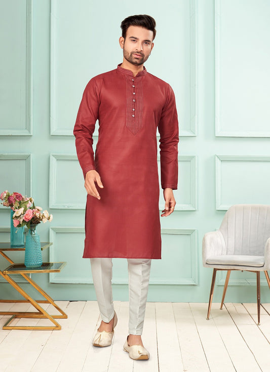 Fancy Work Cotton Maroon Kurta Pyjama - M7251