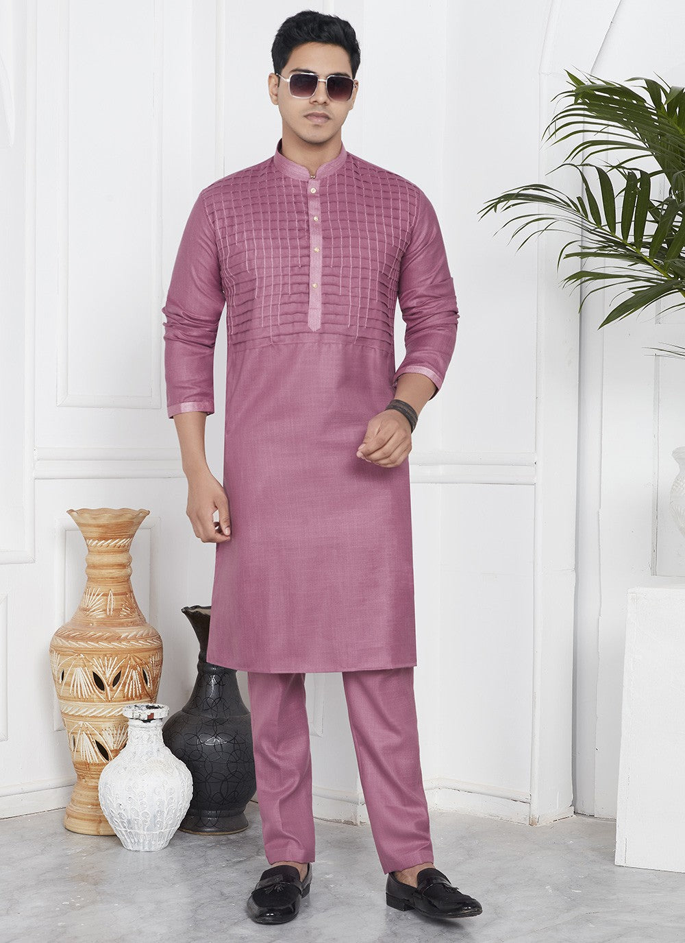 Fancy Work Cotton , Linen Mauve Kurta Pyjama - M7099