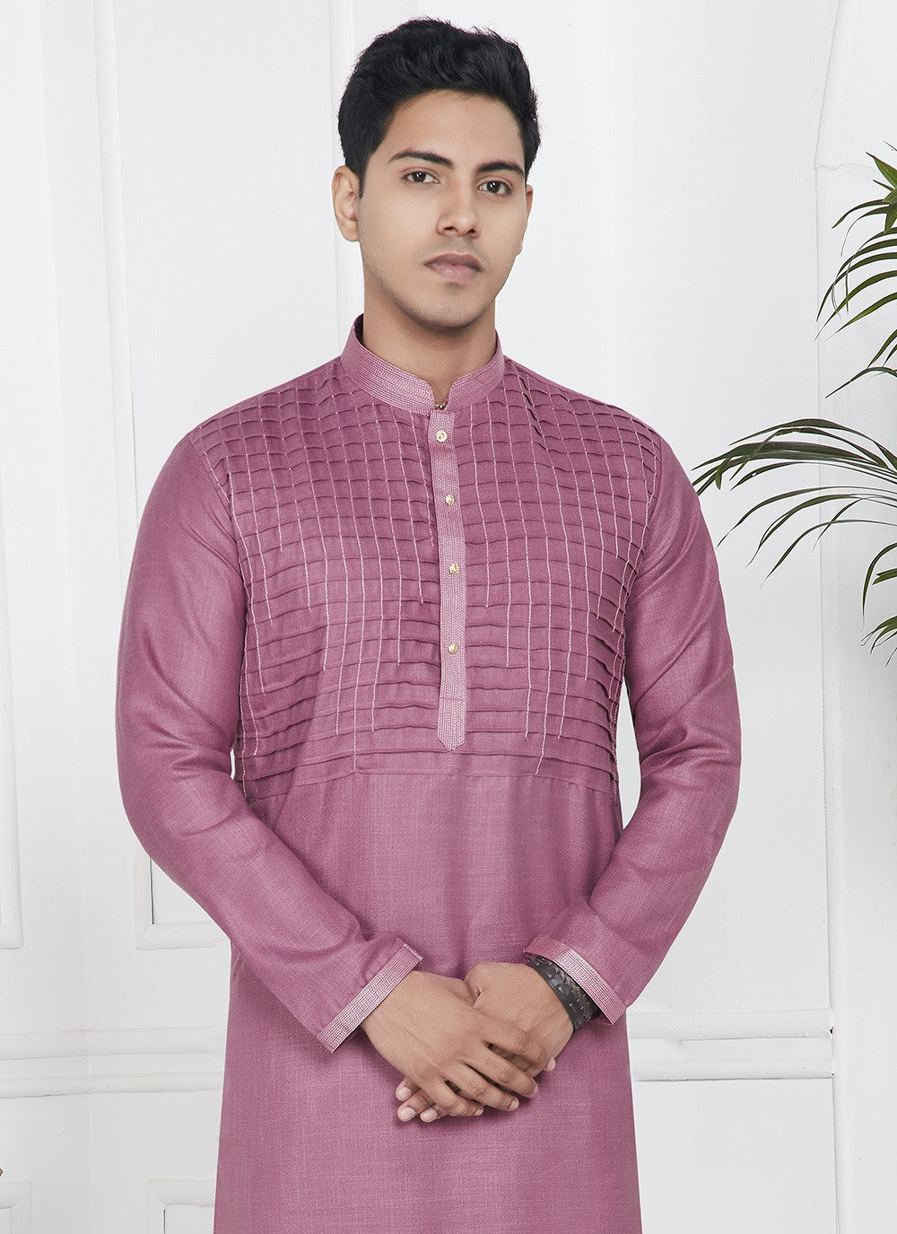 Fancy Work Cotton , Linen Mauve Kurta Pyjama - M7099