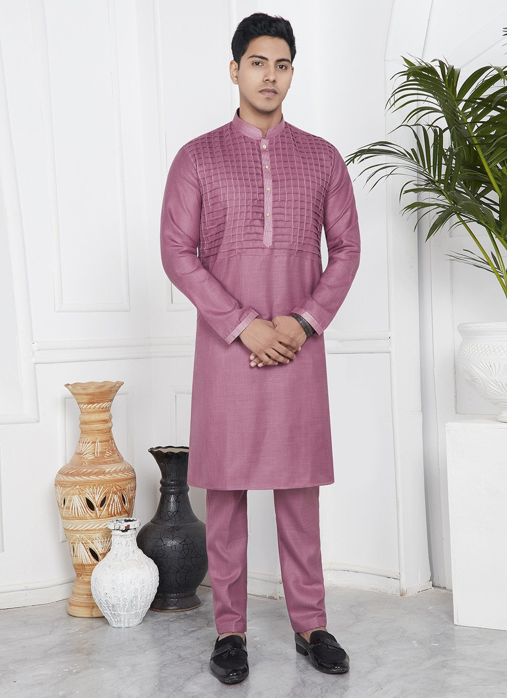 Fancy Work Cotton , Linen Mauve Kurta Pyjama - M7099