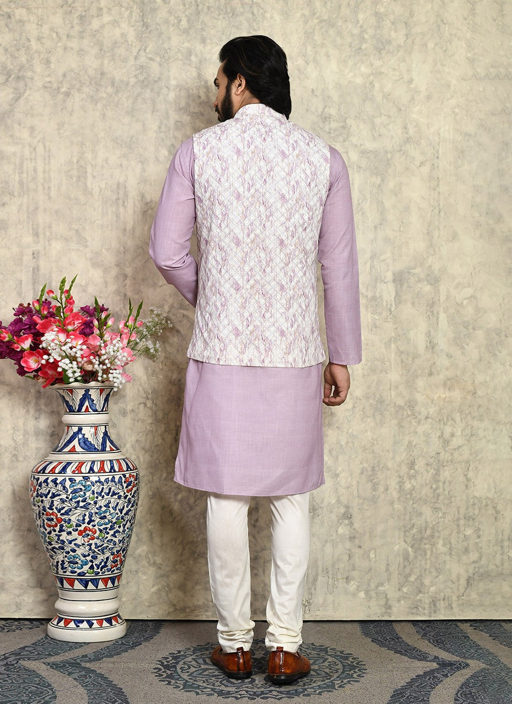 Fancy Work Cotton Mauve Kurta Payjama With Jacket - M7996