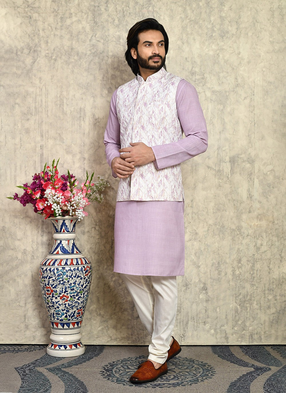 Fancy Work Cotton Mauve Kurta Payjama With Jacket - M7996