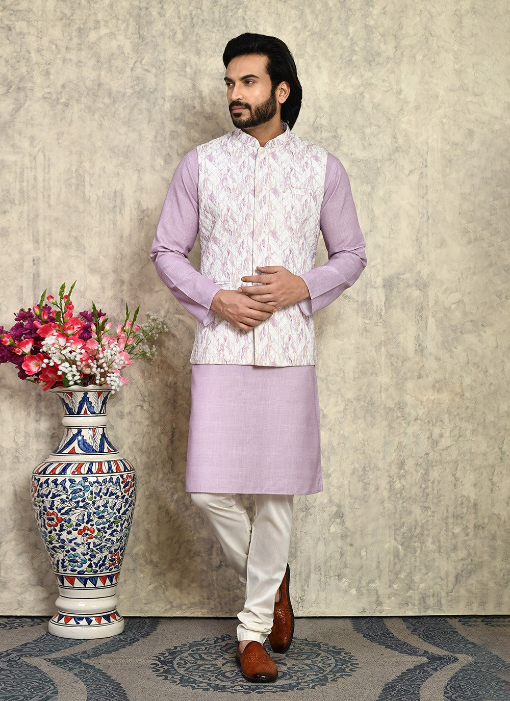 Fancy Work Cotton Mauve Kurta Payjama With Jacket - M7996