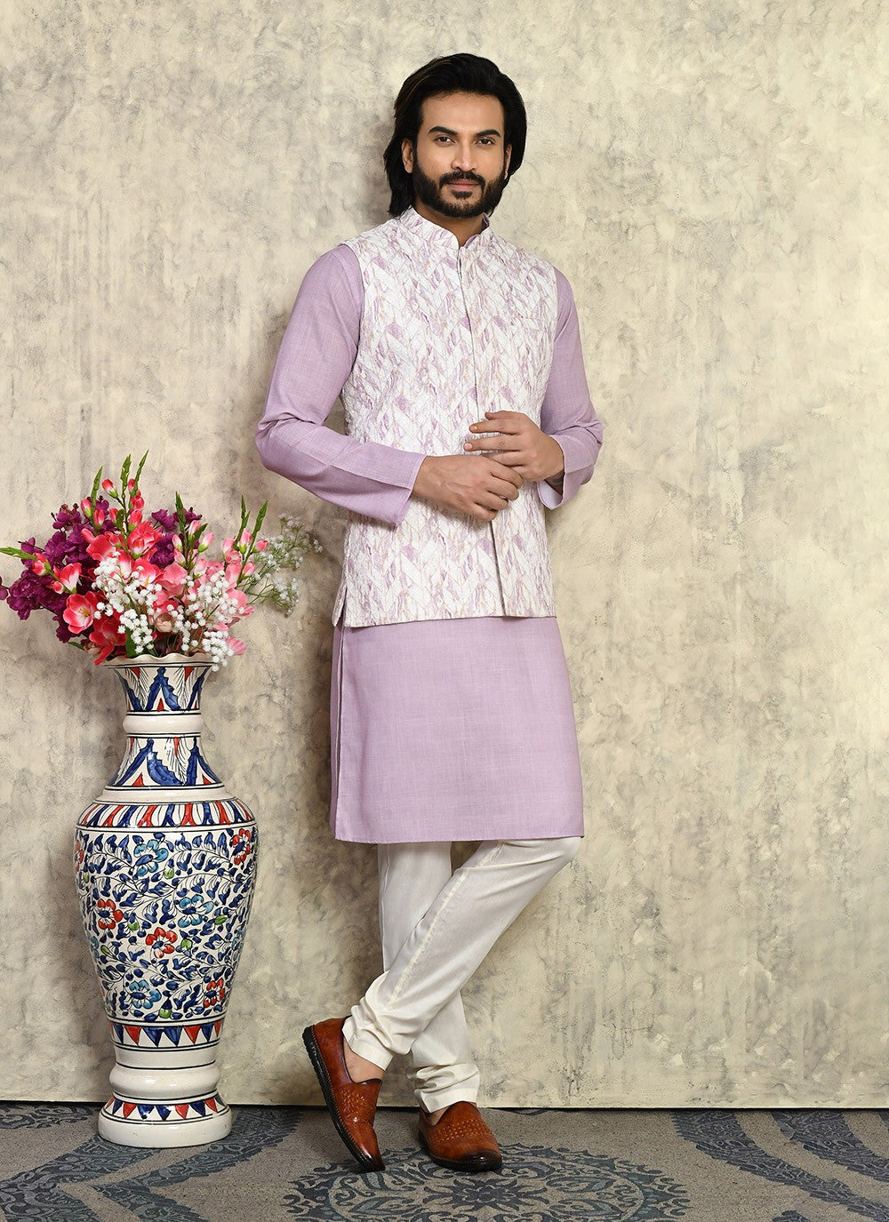 Fancy Work Cotton Mauve Kurta Payjama With Jacket - M7996