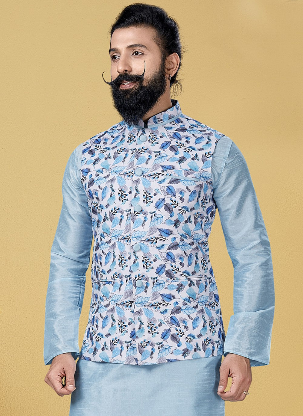 Printed Cotton Turquoise Nehru Jackets - M1873