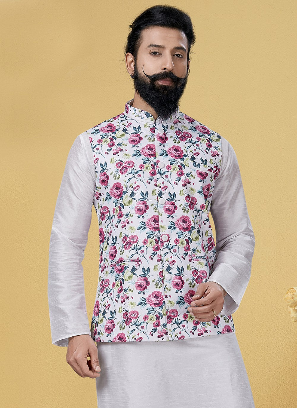 Printed Cotton White Nehru Jackets - M1869