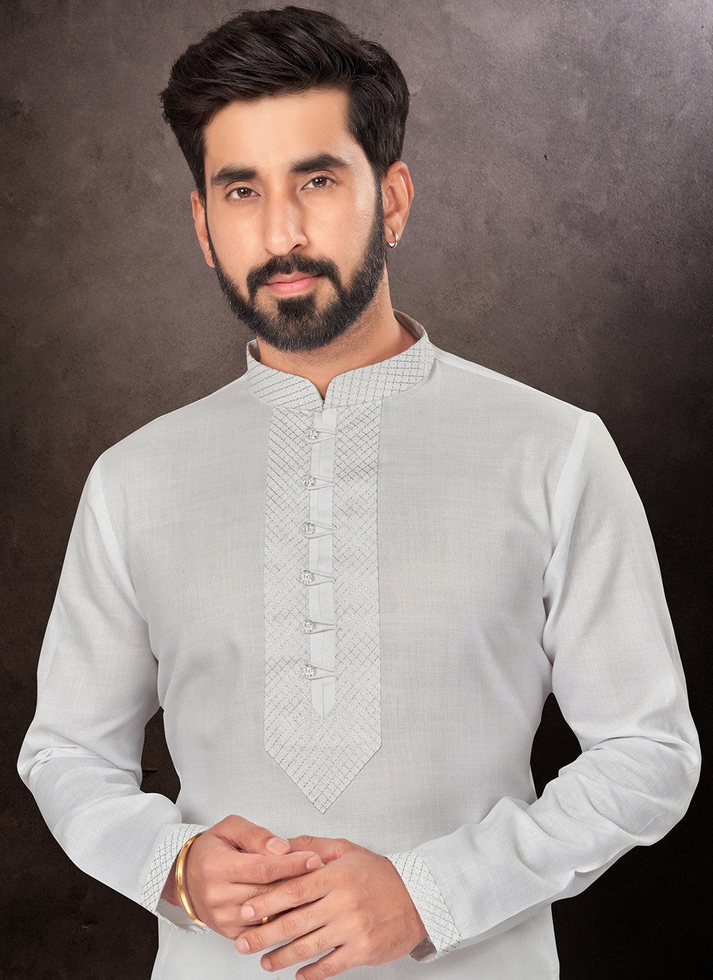 Fancy Work Cotton Off White Kurta Pyjama - M7218