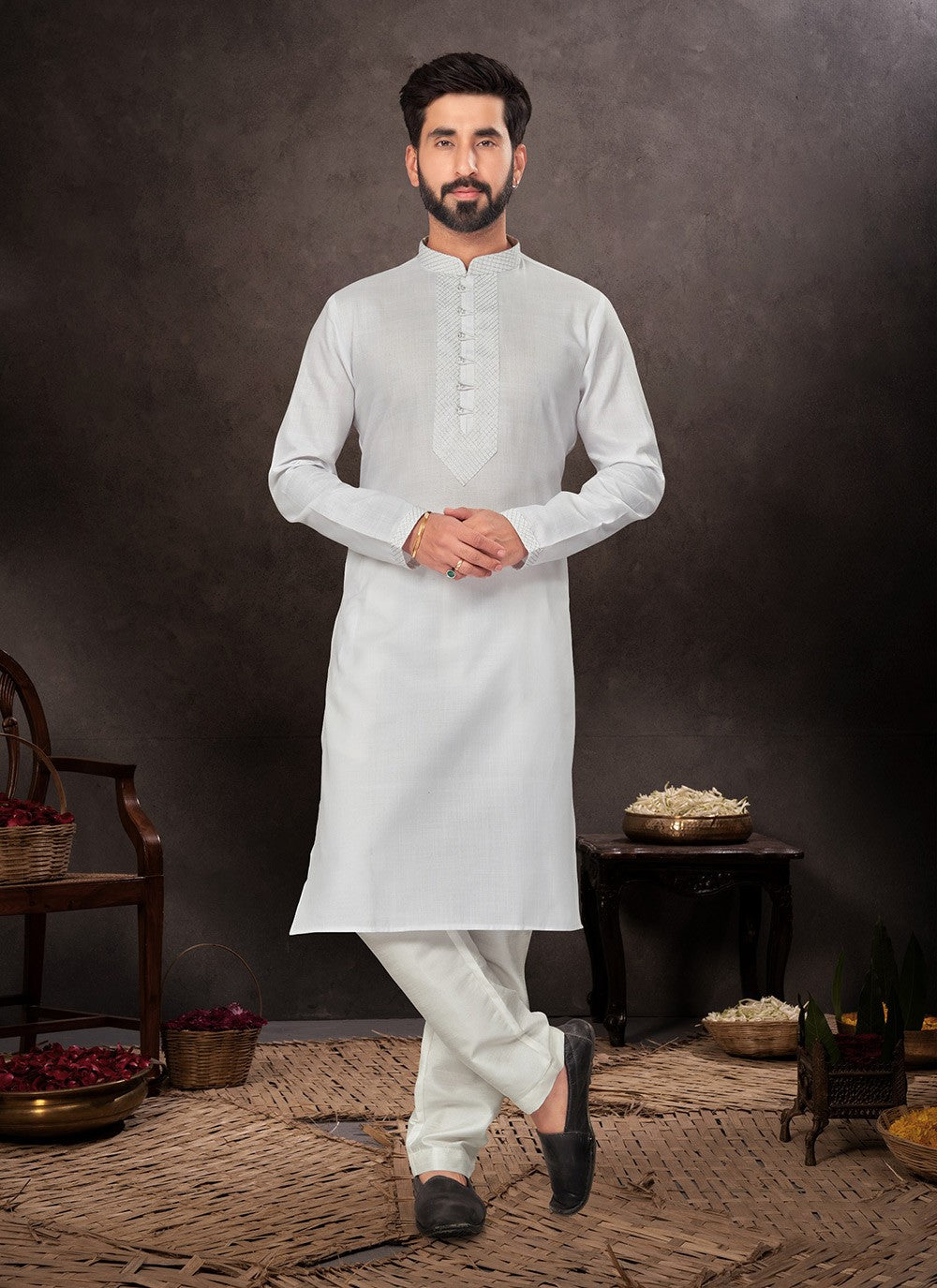 Fancy Work Cotton Off White Kurta Pyjama - M7218