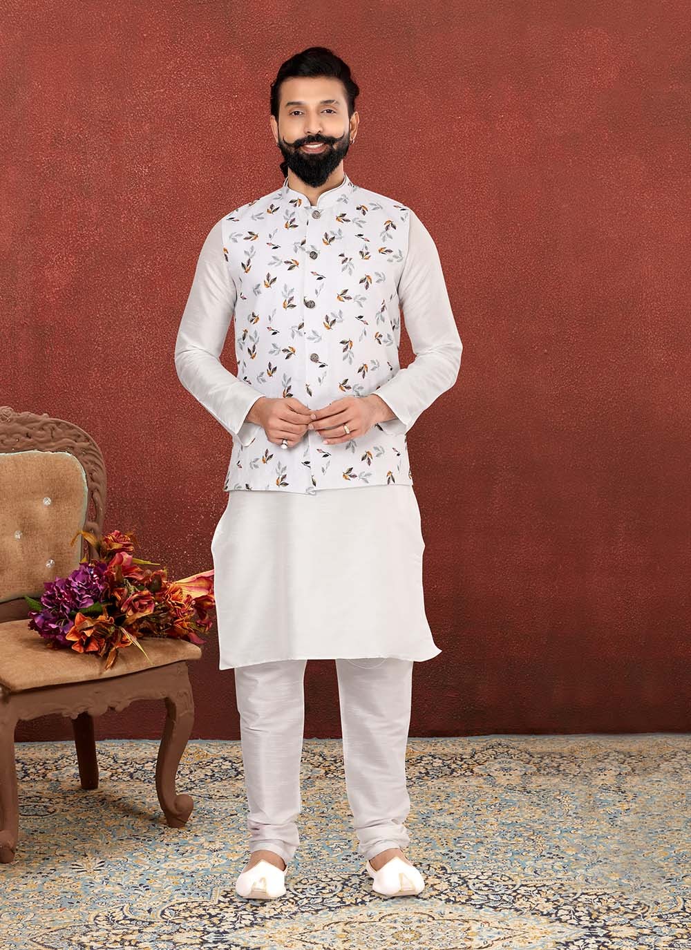 Printed Cotton , Dupion Silk Off White Kurta Payjama With Jacket - M2550