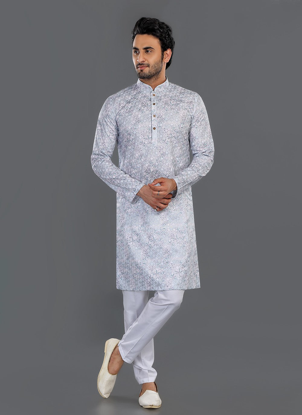 Printed Cotton Off White Kurta Pyjama - M8064