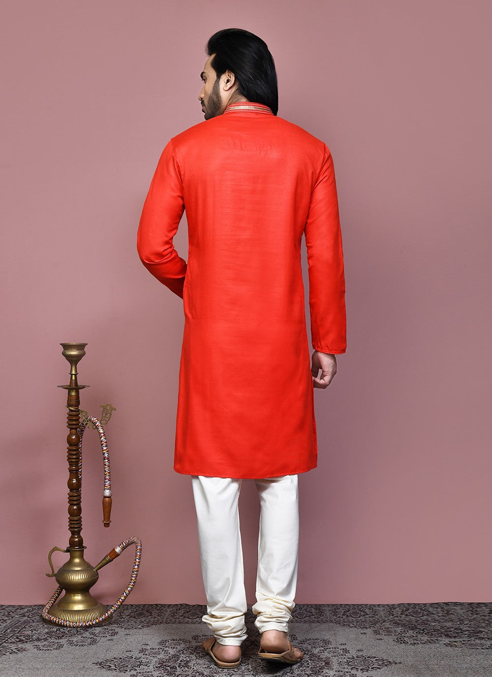 Embroidered Cotton Orange Kurta Pyjama - M7884