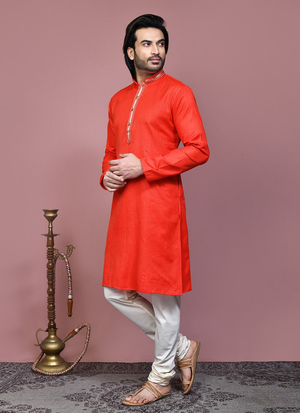 Embroidered Cotton Orange Kurta Pyjama - M7884