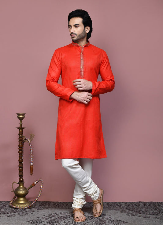 Embroidered Cotton Orange Kurta Pyjama - M7884