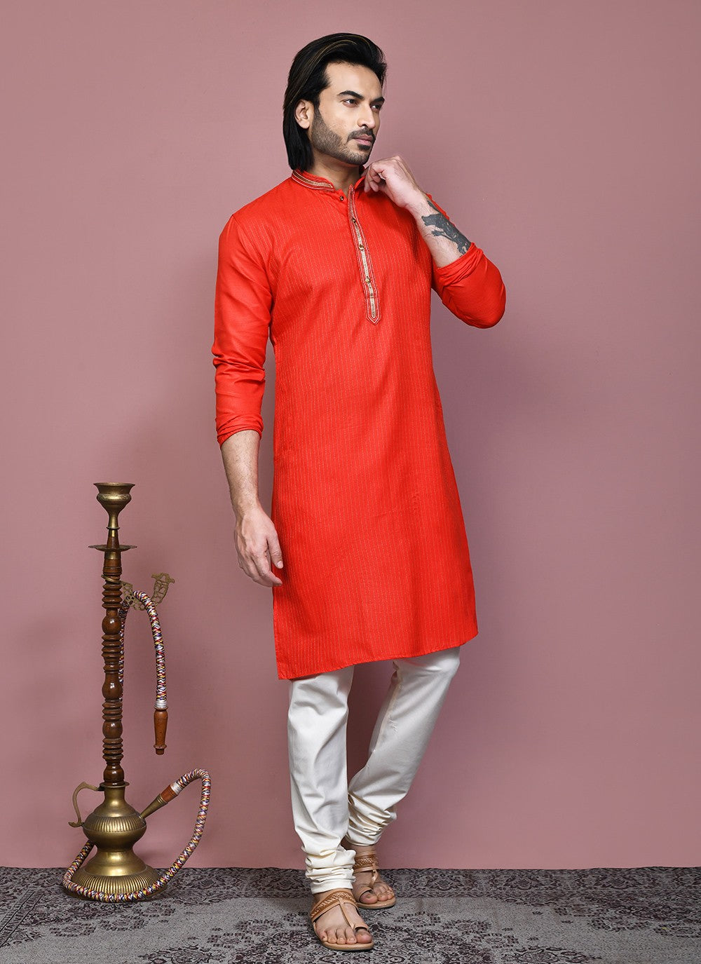 Embroidered Cotton Orange Kurta Pyjama - M7884