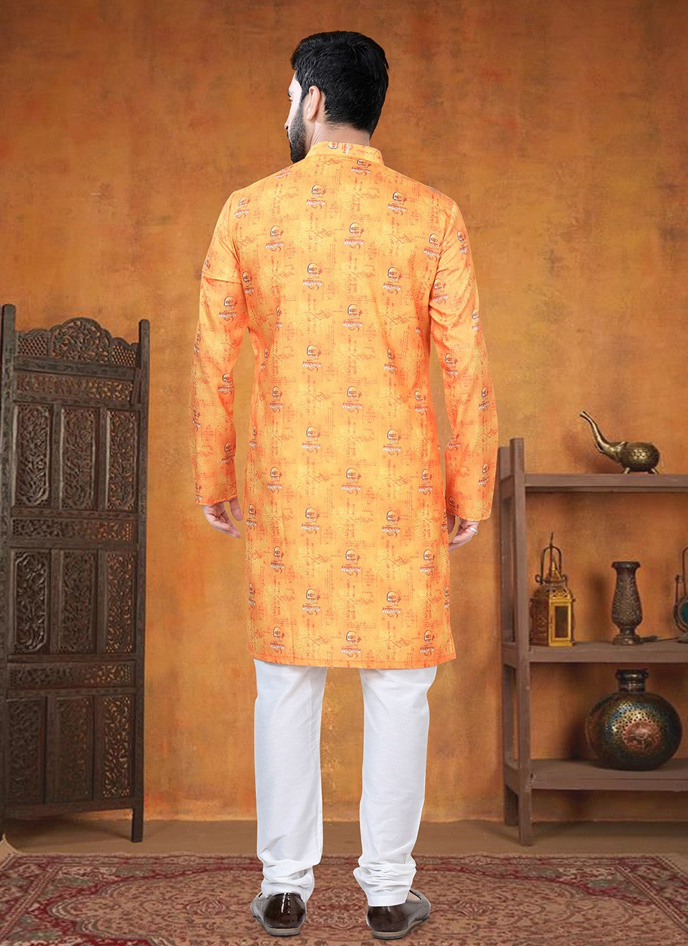 Printed Cotton Orange Kurta Pyjama - M8780