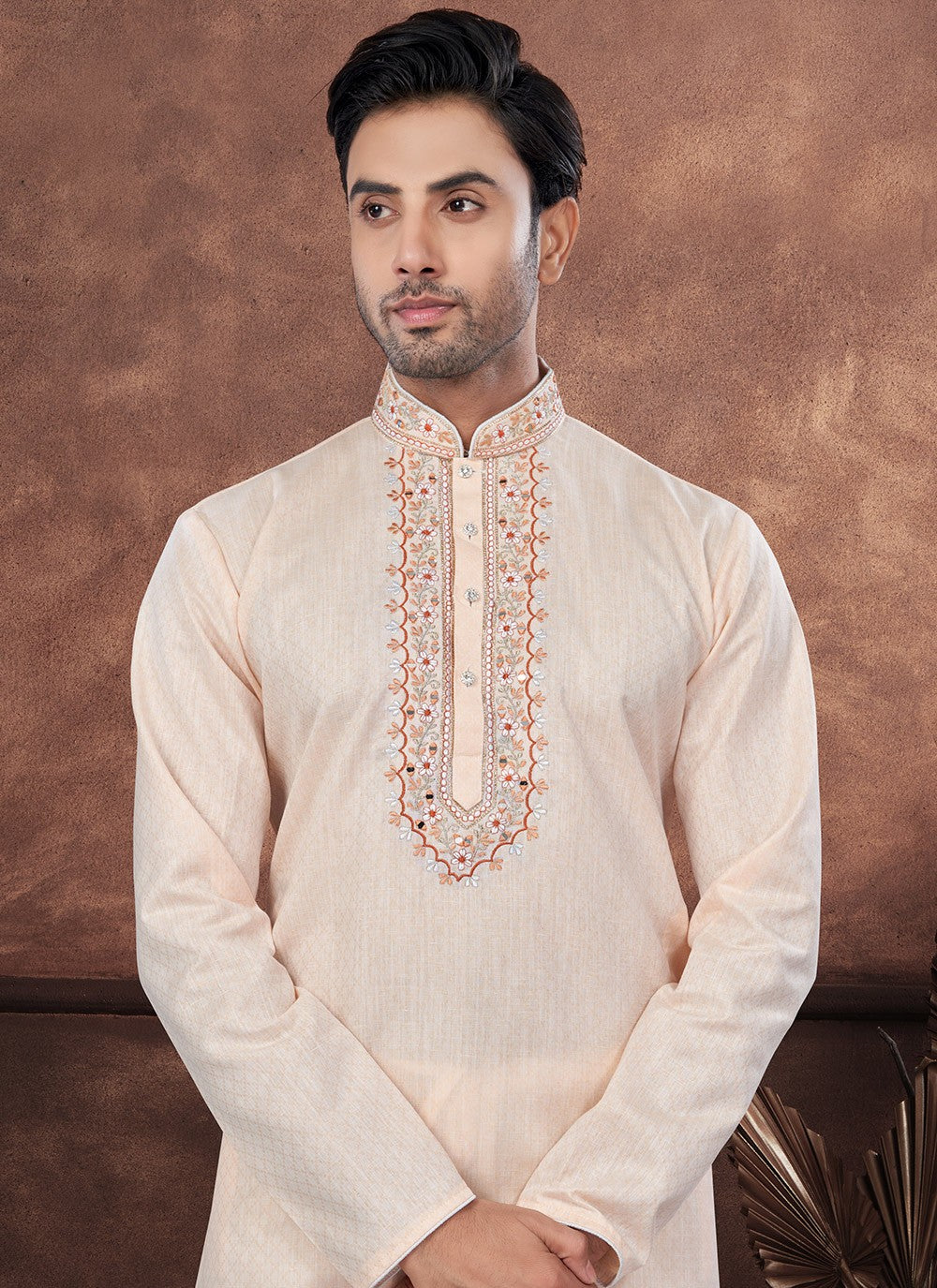 Embroidered Cotton Peach Kurta Pyjama - M8705