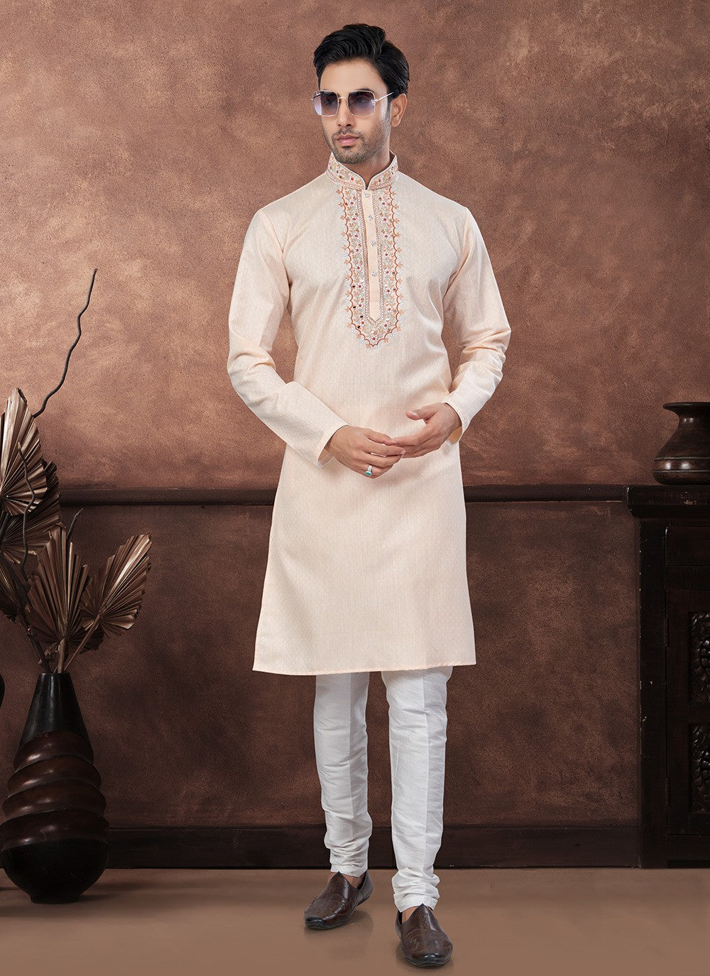 Embroidered Cotton Peach Kurta Pyjama - M8705