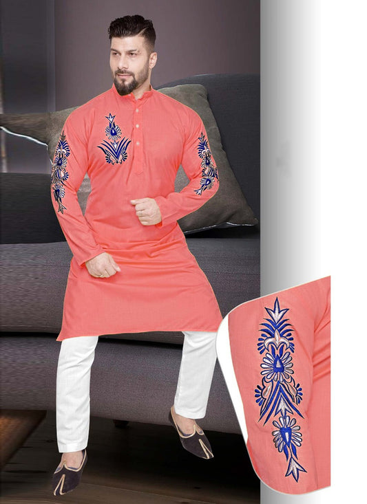 Resham Cotton Peach Kurta Pyjama - M2227