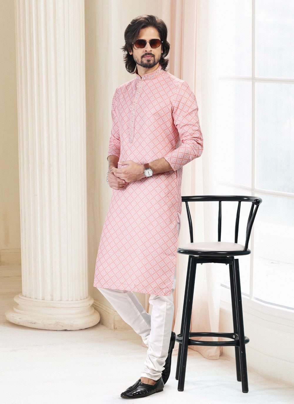 Fancy Work Cotton Peach Kurta Pyjama - M5127