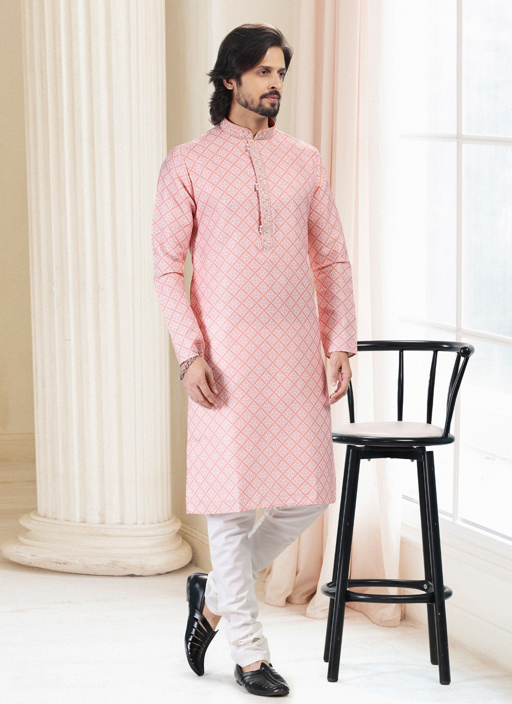 Fancy Work Cotton Peach Kurta Pyjama - M5127