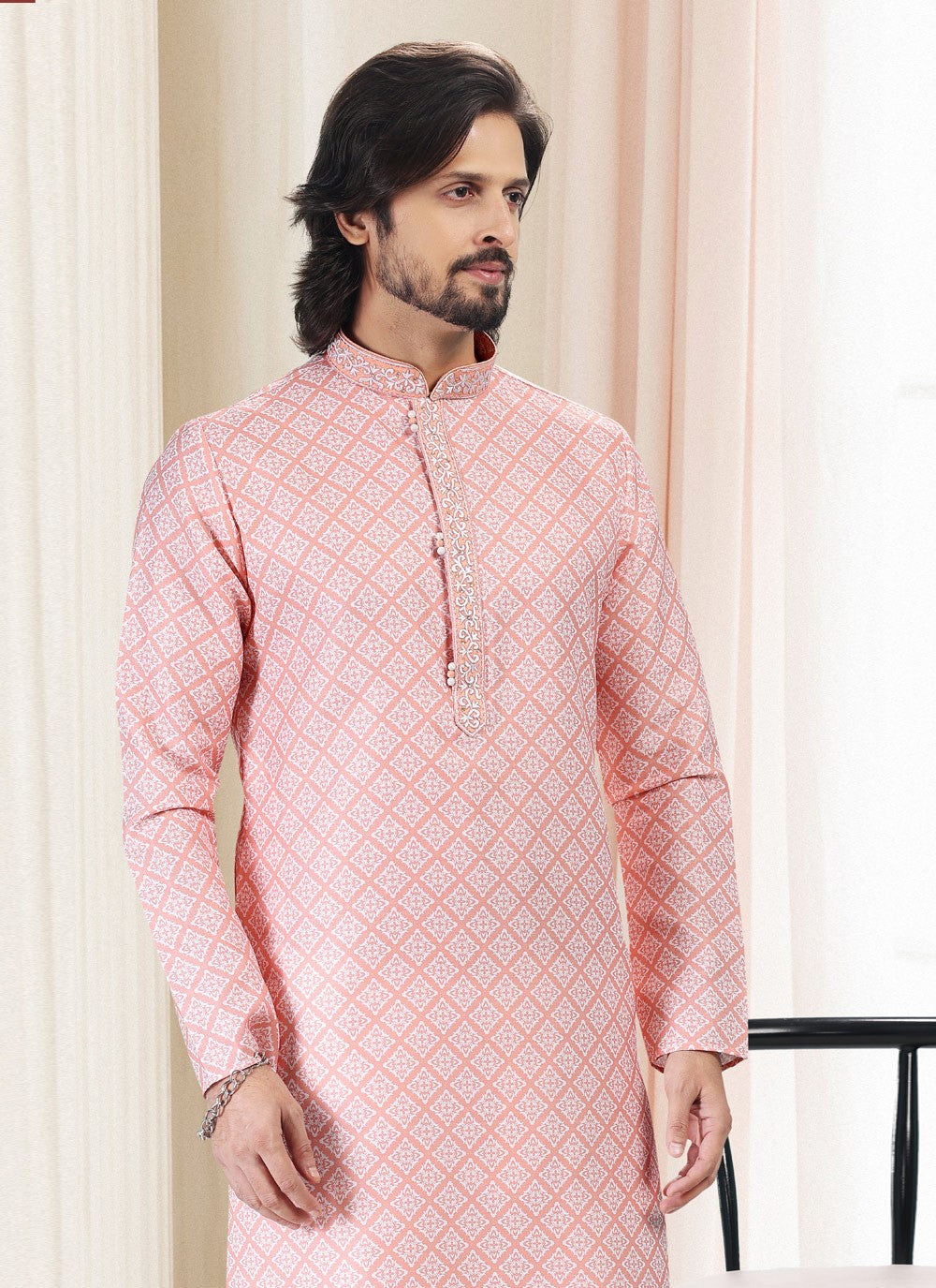 Fancy Work Cotton Peach Kurta Pyjama - M5127