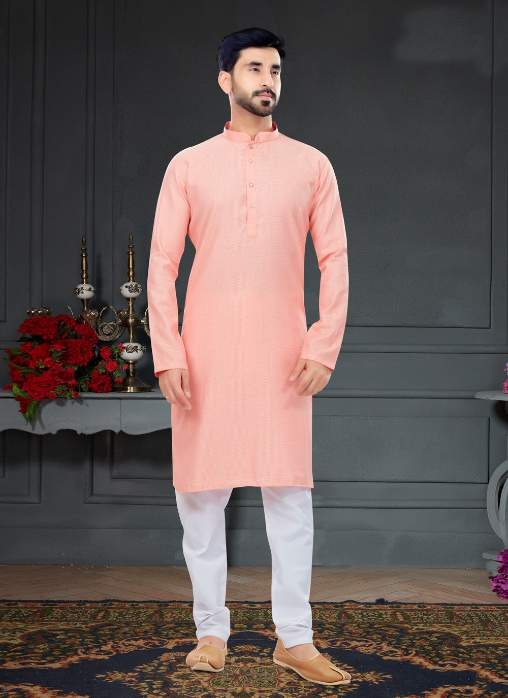 Fancy Work Cotton , Jacquard Pink Kurta Pyjama - M4748