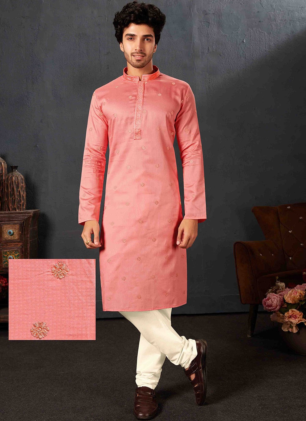 Embroidered Cotton Pink Kurta Pyjama - M6849