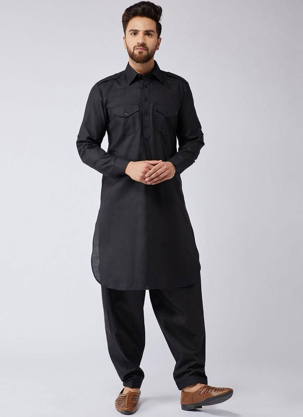 Plain Cotton Black Kurta Pyjama - M6877