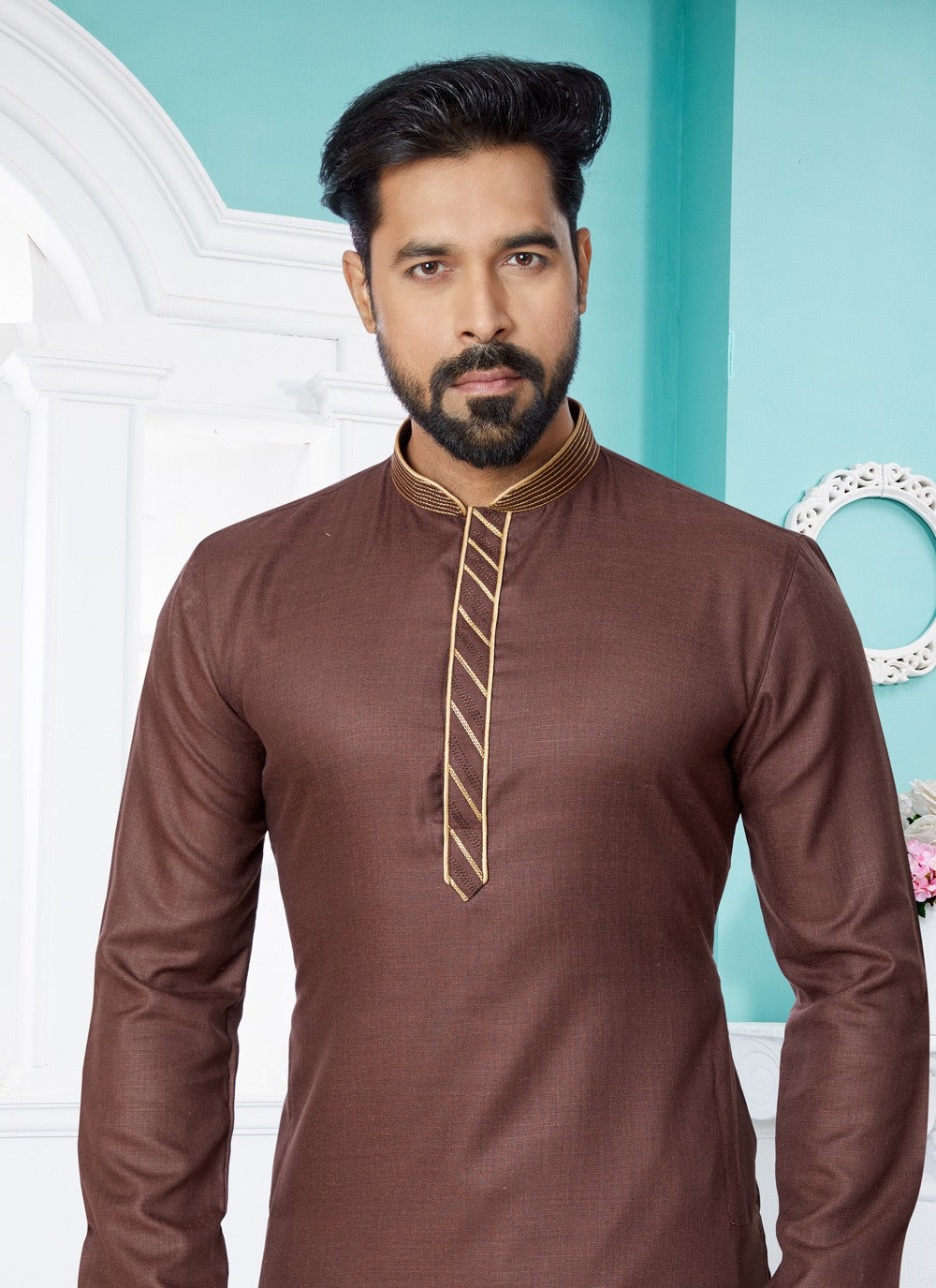 Plain Cotton Brown Kurta Pyjama - M4952