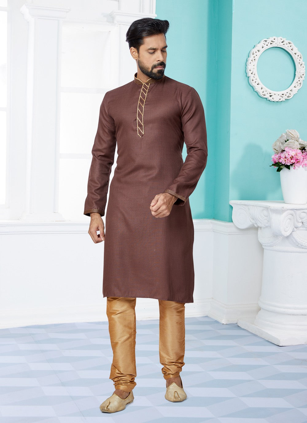 Plain Cotton Brown Kurta Pyjama - M4952