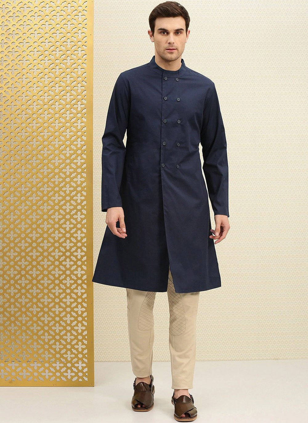 Plain Cotton Navy Blue Indo Western - M2441