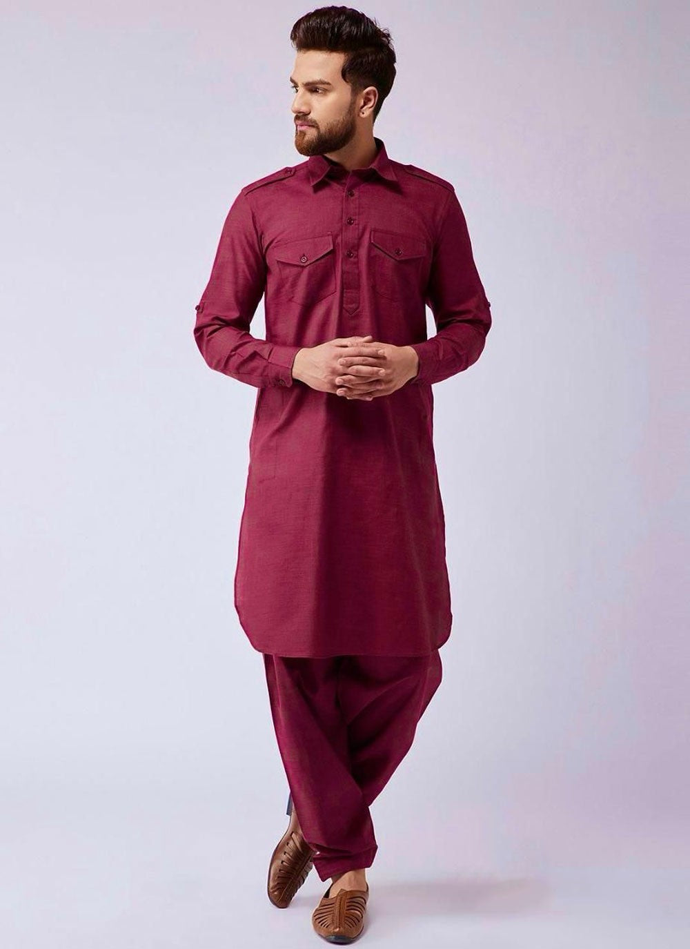 Plain Cotton Maroon Kurta Pyjama - M6874