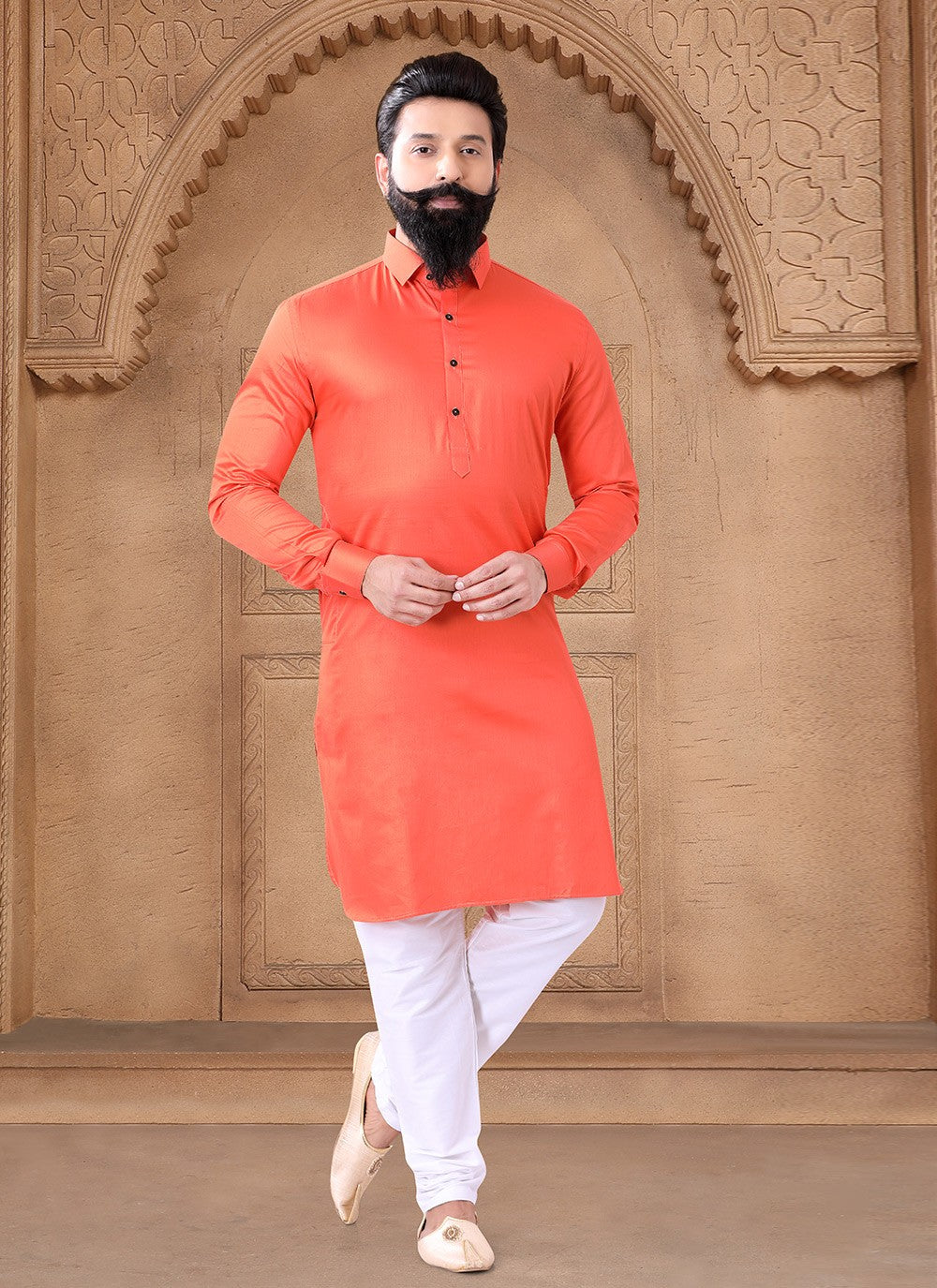 Plain Cotton Orange Kurta Pyjama - M7613