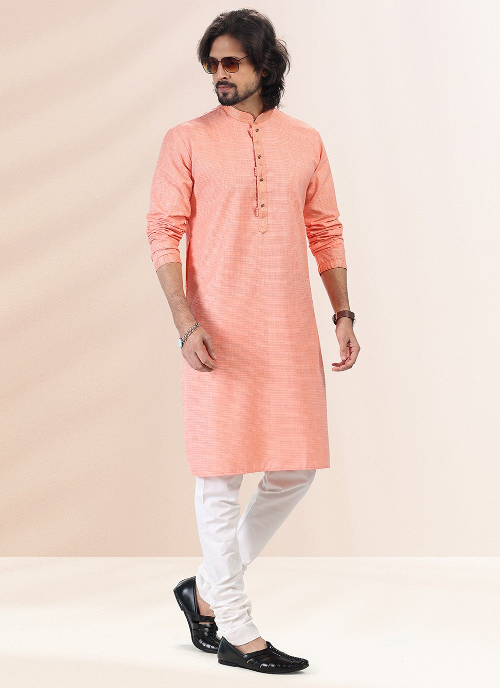 Plain Cotton , Linen Pink Kurta Pyjama - M4909